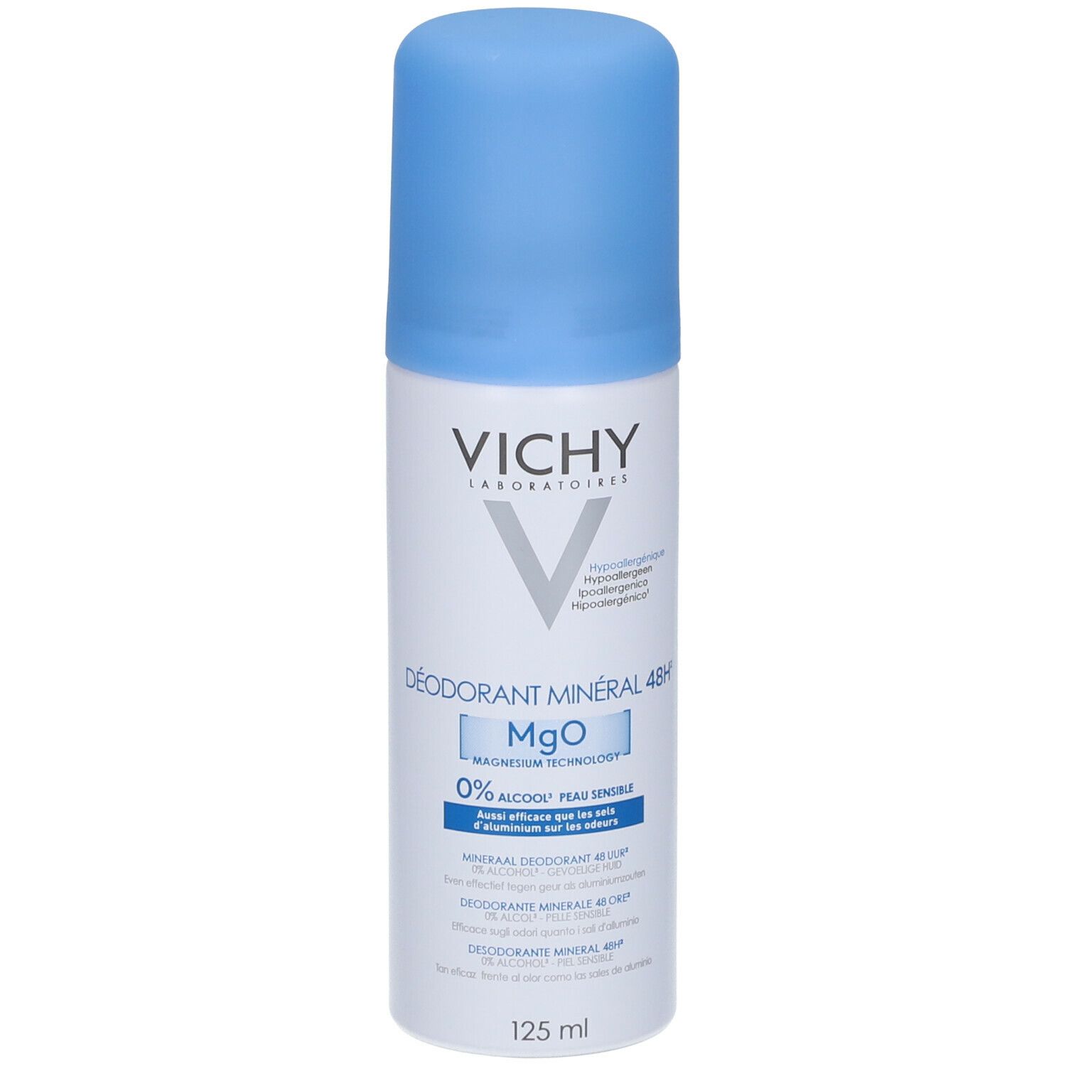 Vichy deodorant, witte fles met blauwe dop. Opschrift: Mineral Deodorant 48H, MgO, 0% alcohol, 125 ml.