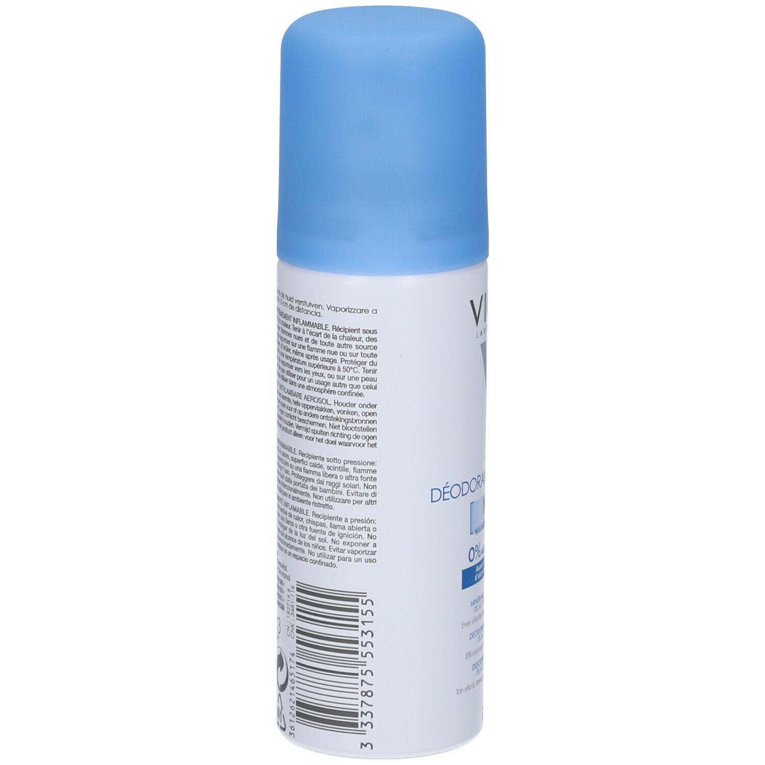 Achterkant van de Vichy deodorant. Witte fles met blauwe dop. Tekst en barcode.