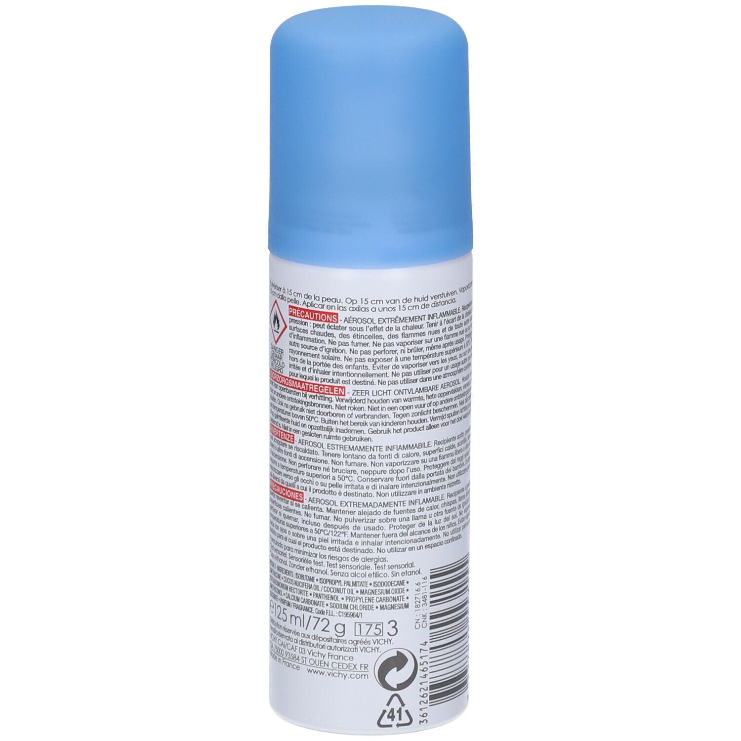 Achterkant van de Vichy deodorant. Witte fles met blauwe dop. Tekst, waarschuwingen en symbolen.