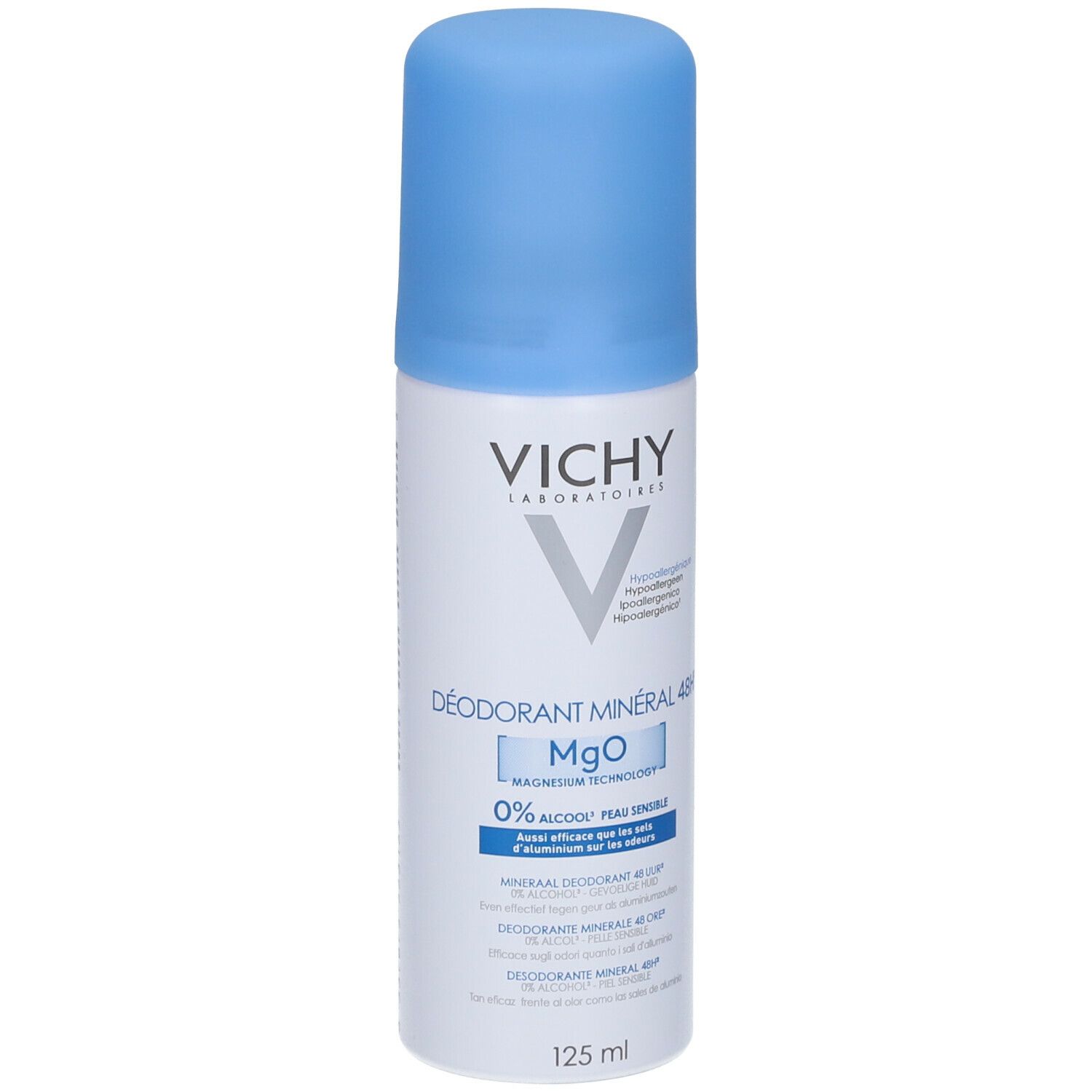 Vichy deodorant, witte fles met blauwe dop. Opschrift: Mineral Deodorant 48H, MgO, 0% alcohol, 125 ml.