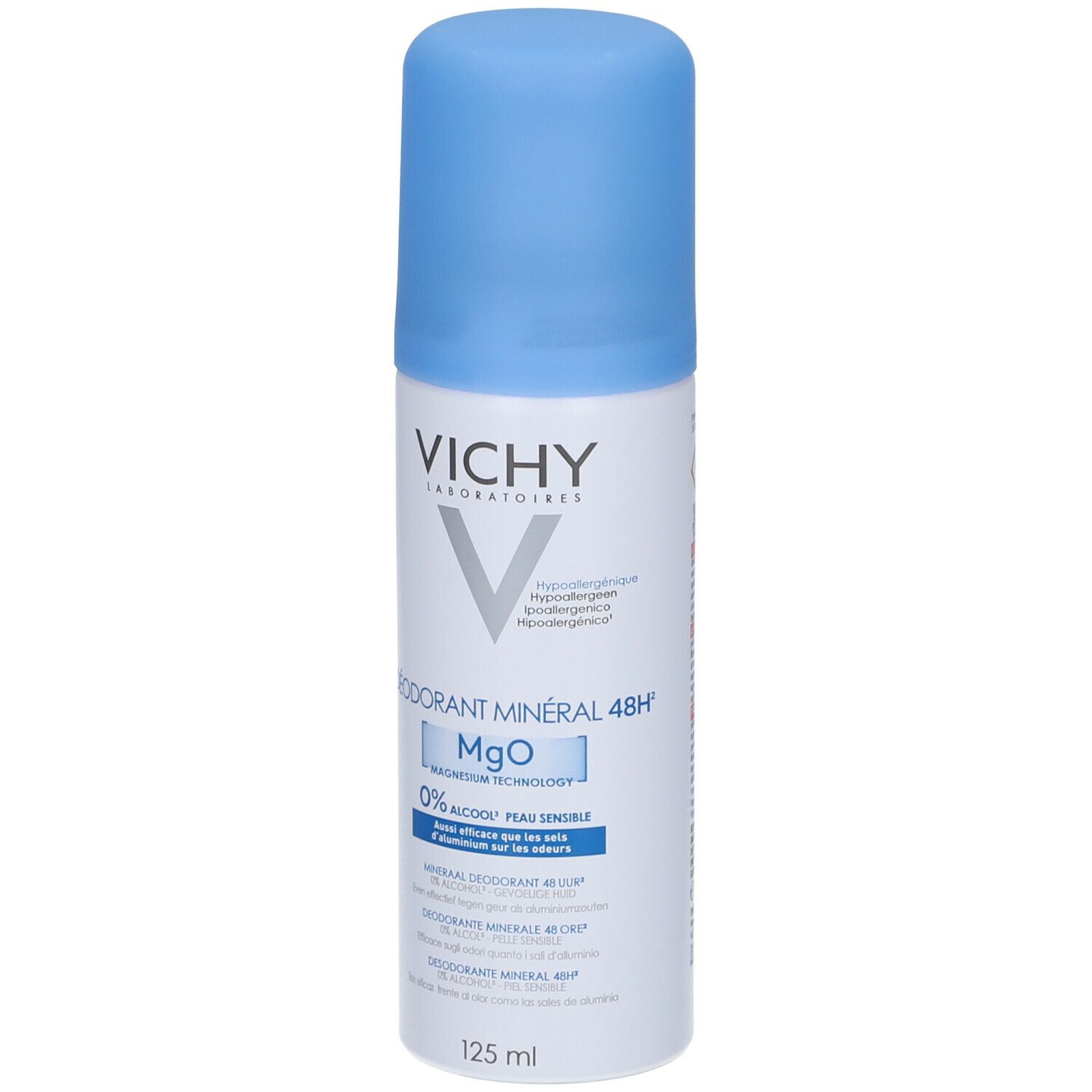 Vichy deodorant, witte fles met blauwe dop. Opschrift: Mineral Deodorant 48H, MgO, 0% alcohol, 125 ml.