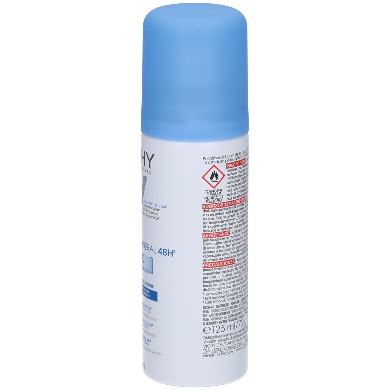 Achterkant van de Vichy deodorant. Witte fles met blauwe dop. Tekst, waarschuwingen en symbolen.