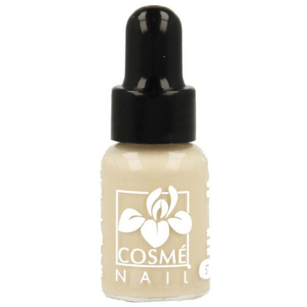 Flacon de vernis à ongles beige clair avec bouchon noir. Inscription: Cosmé Nail.