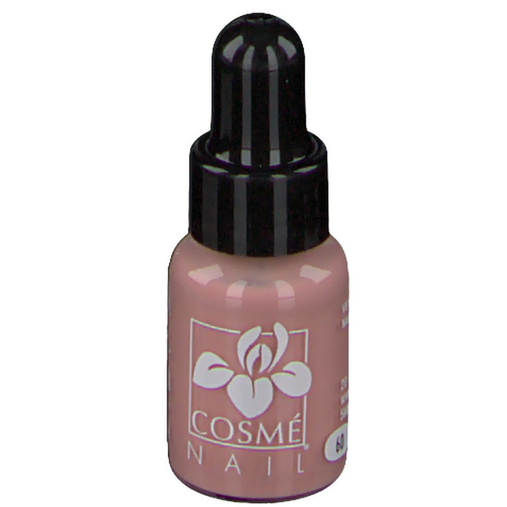 Flacon de vernis à ongles rose nude. Bouchon noir avec compte-gouttes. Marque Cosmé Nail. Inscription: 60.