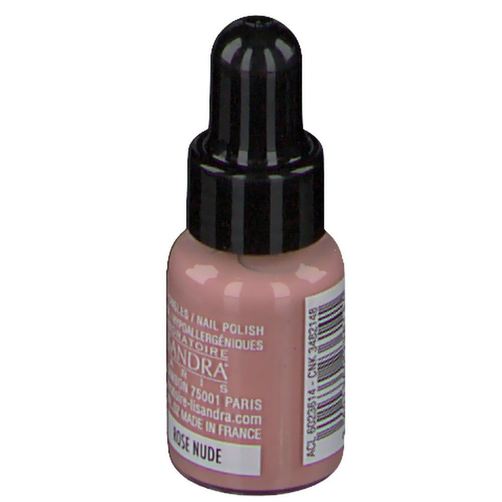 Flacon de vernis à ongles rose nude. Bouchon noir avec compte-gouttes. Marque Lisandra Paris. Inscription: Rose Nude.