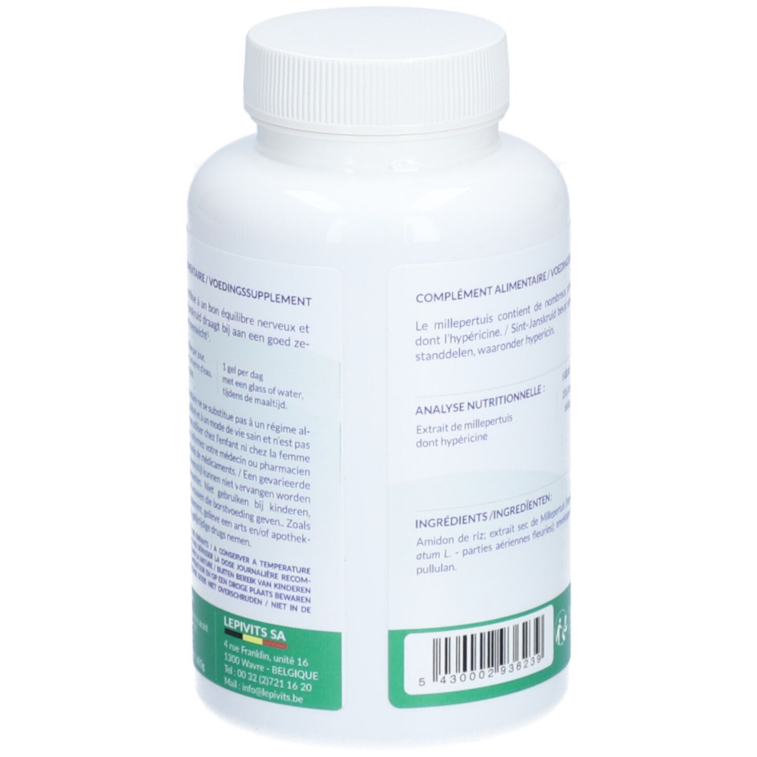 Dos du flacon blanc. Texte: Complément alimentaire. Ingrédients, dosage. Logo Lepivits, code QR.