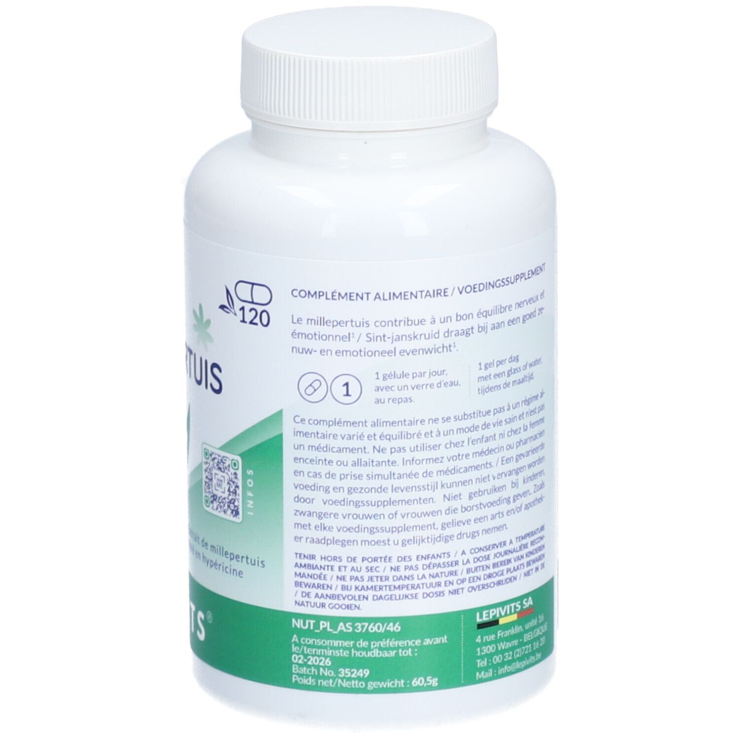 Dos du flacon blanc. Texte: Complément alimentaire. Ingrédients, dosage. Logo Lepivits, 120 gélules.