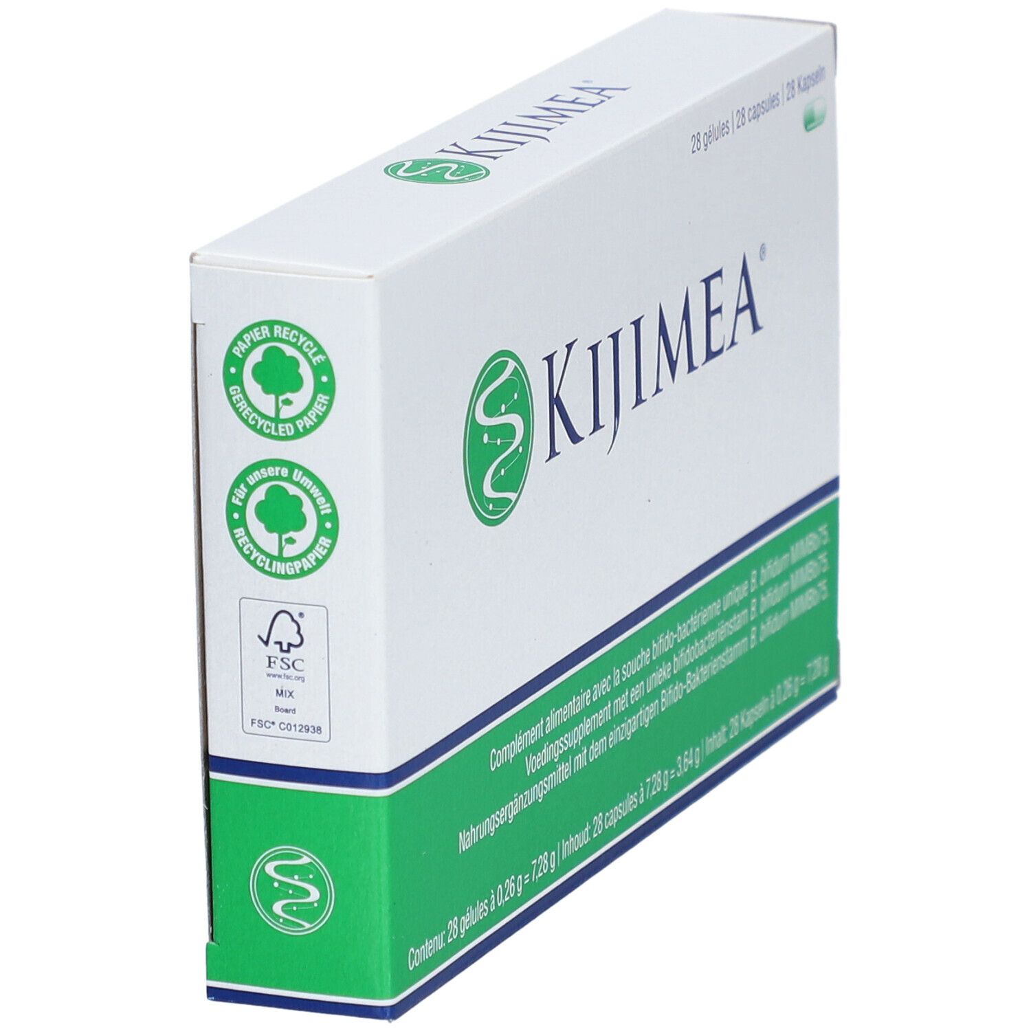 Boîte KIJIMEA® Colon Irritable Cápsulas. Blanche, verte. Avec symboles de recyclage et certification FSC.