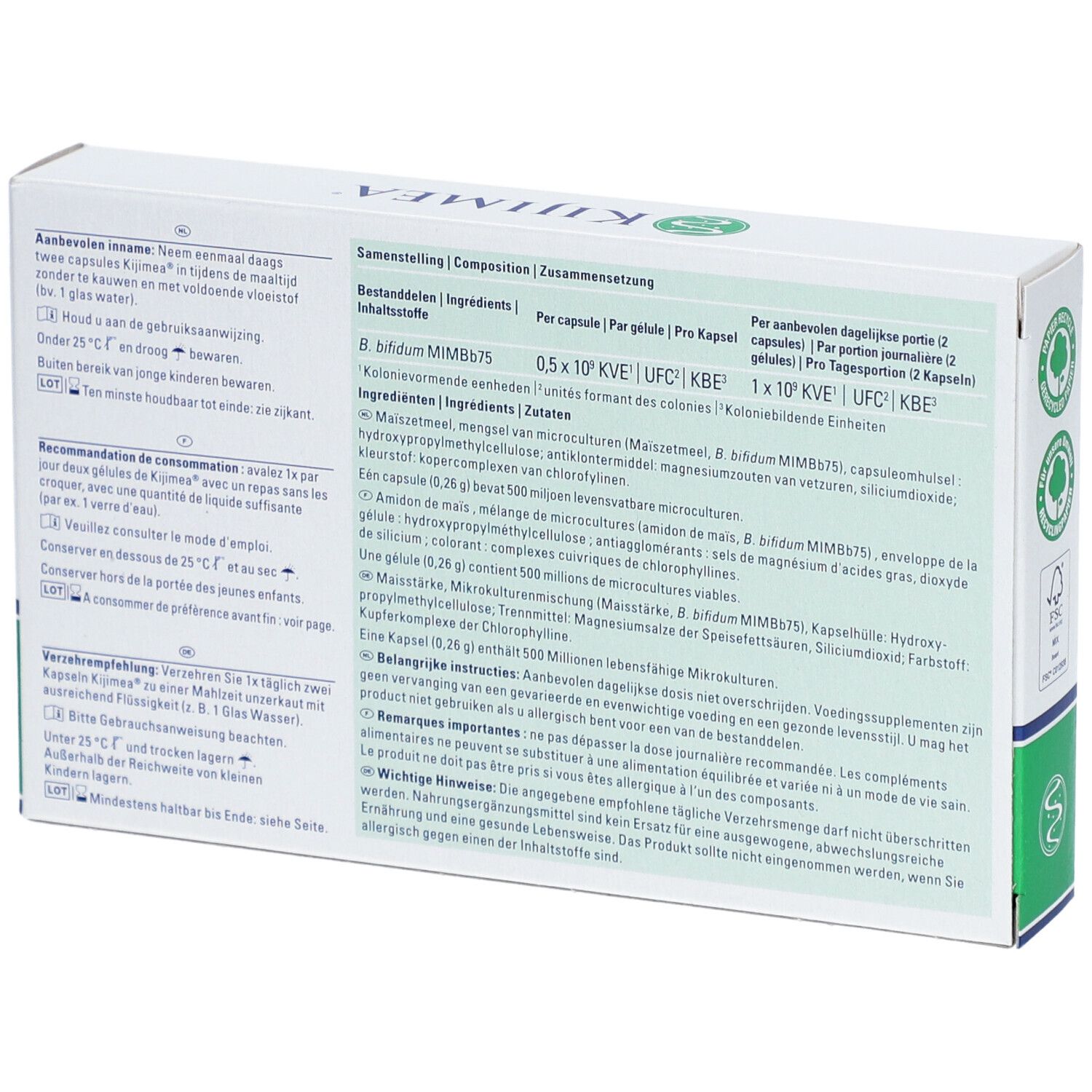 Dos de la boîte KIJIMEA® Colon Irritable Cápsulas. Contient des informations sur les ingrédients et le dosage.