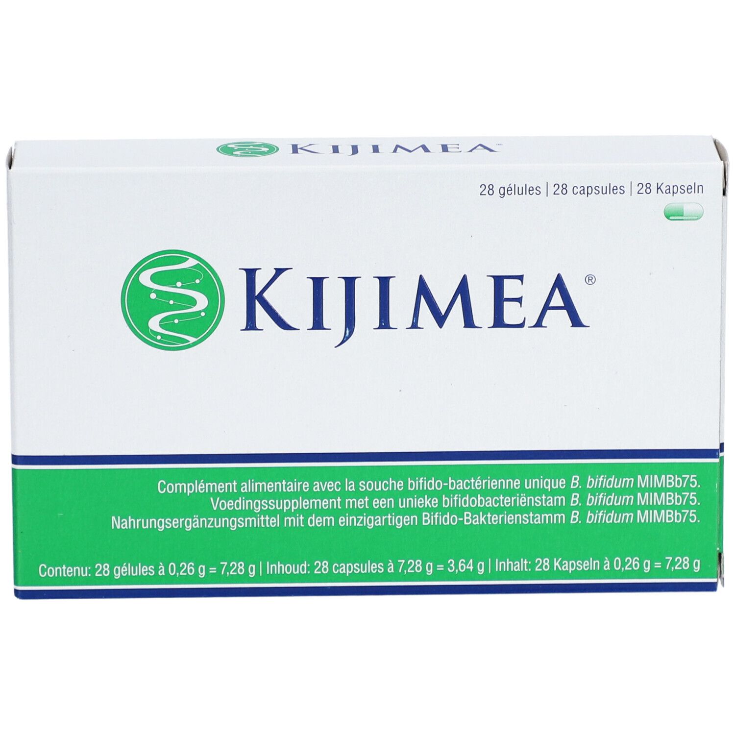Boîte KIJIMEA® Colon Irritable Cápsulas. Blanche, verte et bleue. Contient 28 gélules.