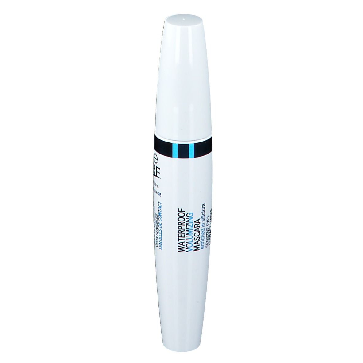 Weiße Mascarahülse mit schwarzem und blauem Band. Text: WATERPROOF VOLUMIZING MASCARA, Augen für empfindliche Augen.