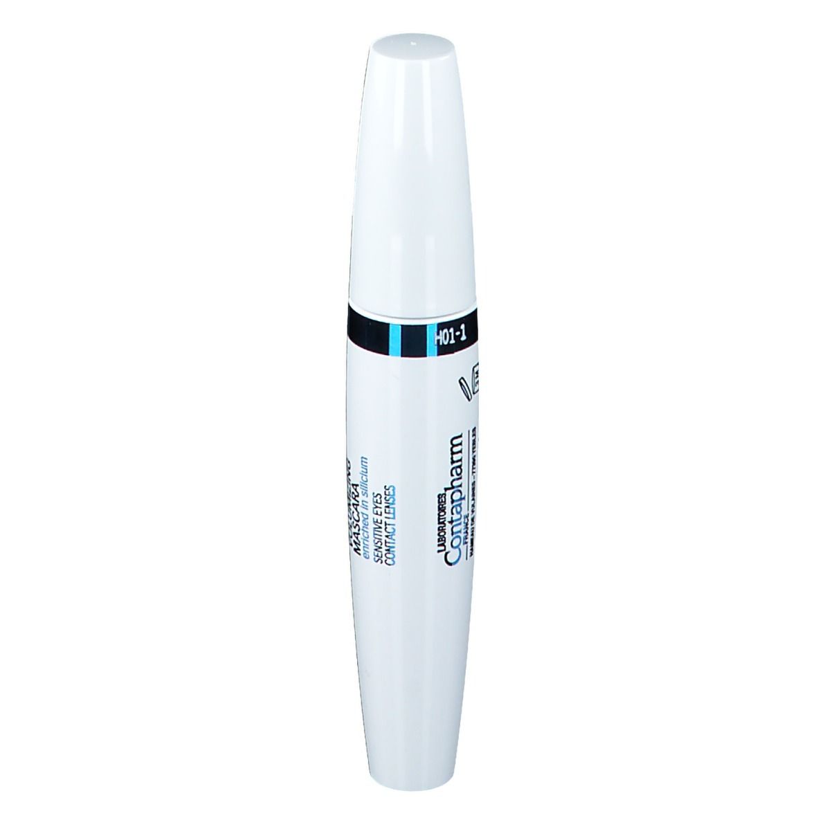 Weiße Mascarahülse mit schwarzem und blauem Band. Text: Contapharm, Augen für empfindliche Augen, Kontaktlinsen.