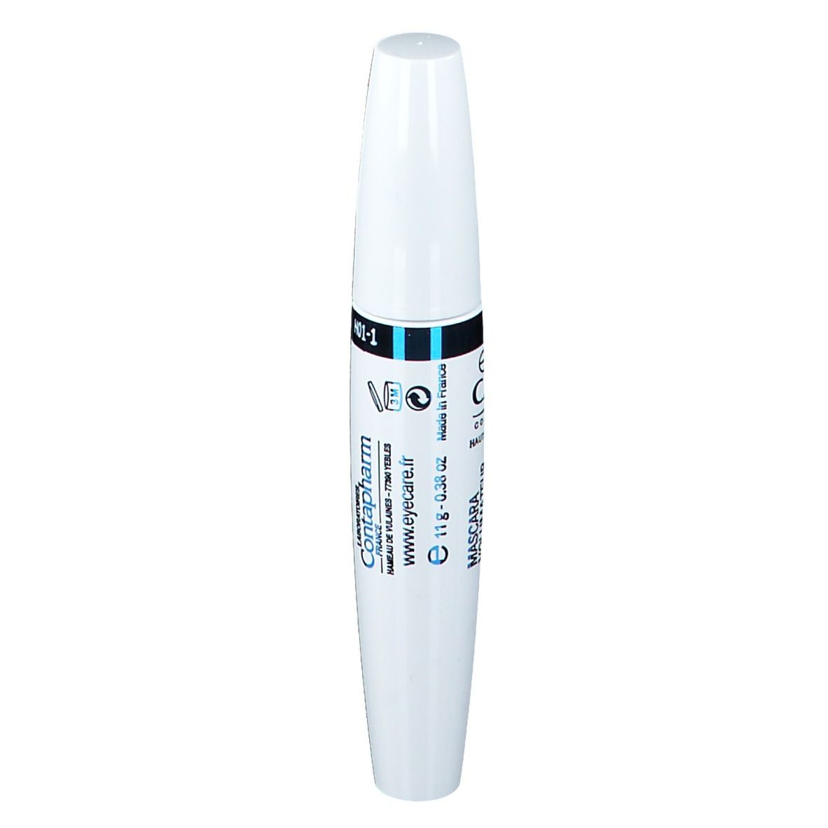 Weiße Mascarahülse mit schwarzem und blauem Band. Text: Contapharm, www.eyecare.fr, 11g, 0.38 oz, Mascara.