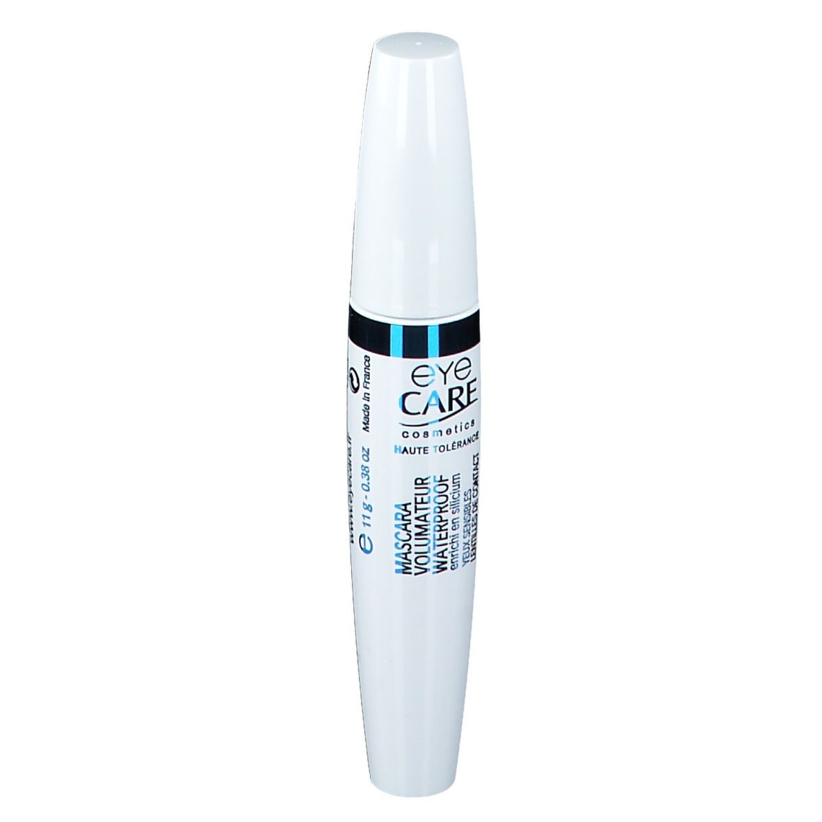 Weiße Mascarahülse mit schwarzem und blauem Band. Text: EYE CARE, Mascara Volumateur Waterproof, 11g, 0.38 oz.