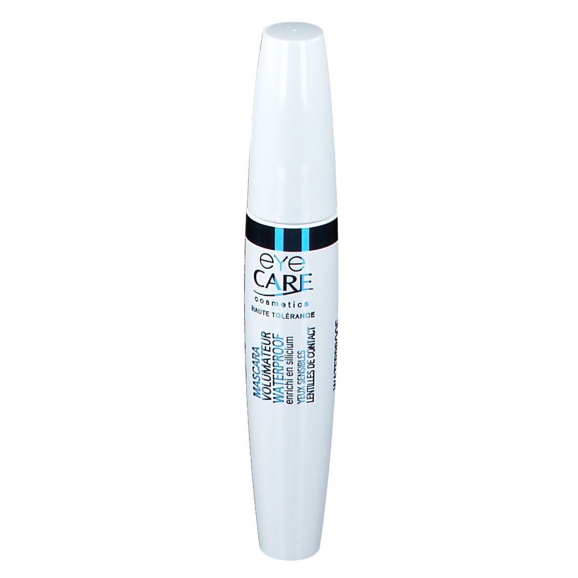 Weiße Mascarahülse mit schwarzem und blauem Band. Text: EYE CARE, Mascara Volumateur Waterproof, Augen für empfindliche Augen.