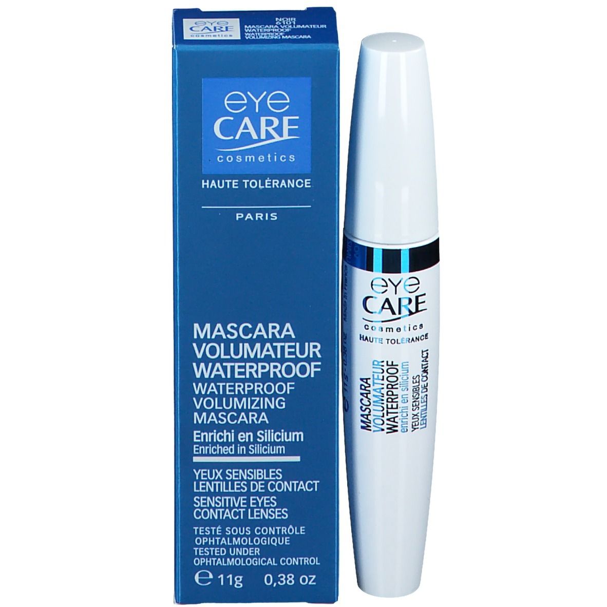 Blaue Schachtel und weiße Mascarahülse. Text: EYE CARE, Mascara Volumateur Waterproof, angereichert mit Silizium, 11g, 0.38 oz.