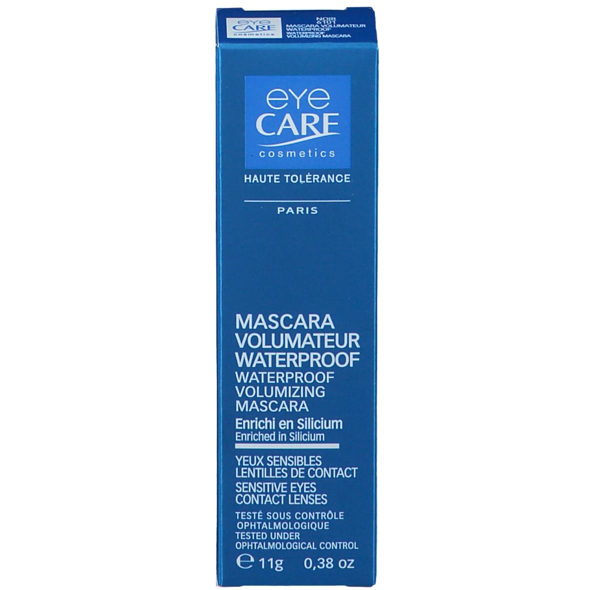 Blaue Schachtel. Text: EYE CARE, Mascara Volumateur Waterproof, angereichert mit Silizium, 11g, 0.38 oz.