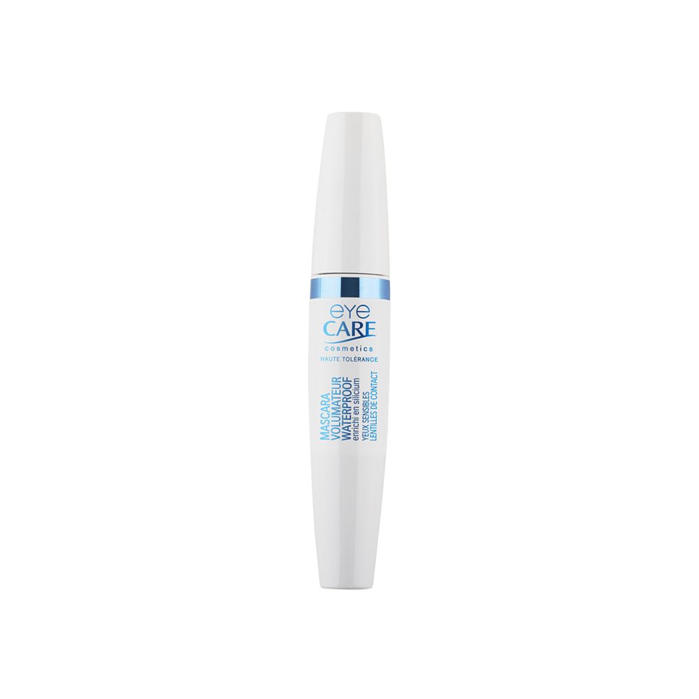 Witte mascarahuls met blauwe accenten. Tekst: Eye Care Cosmetics.