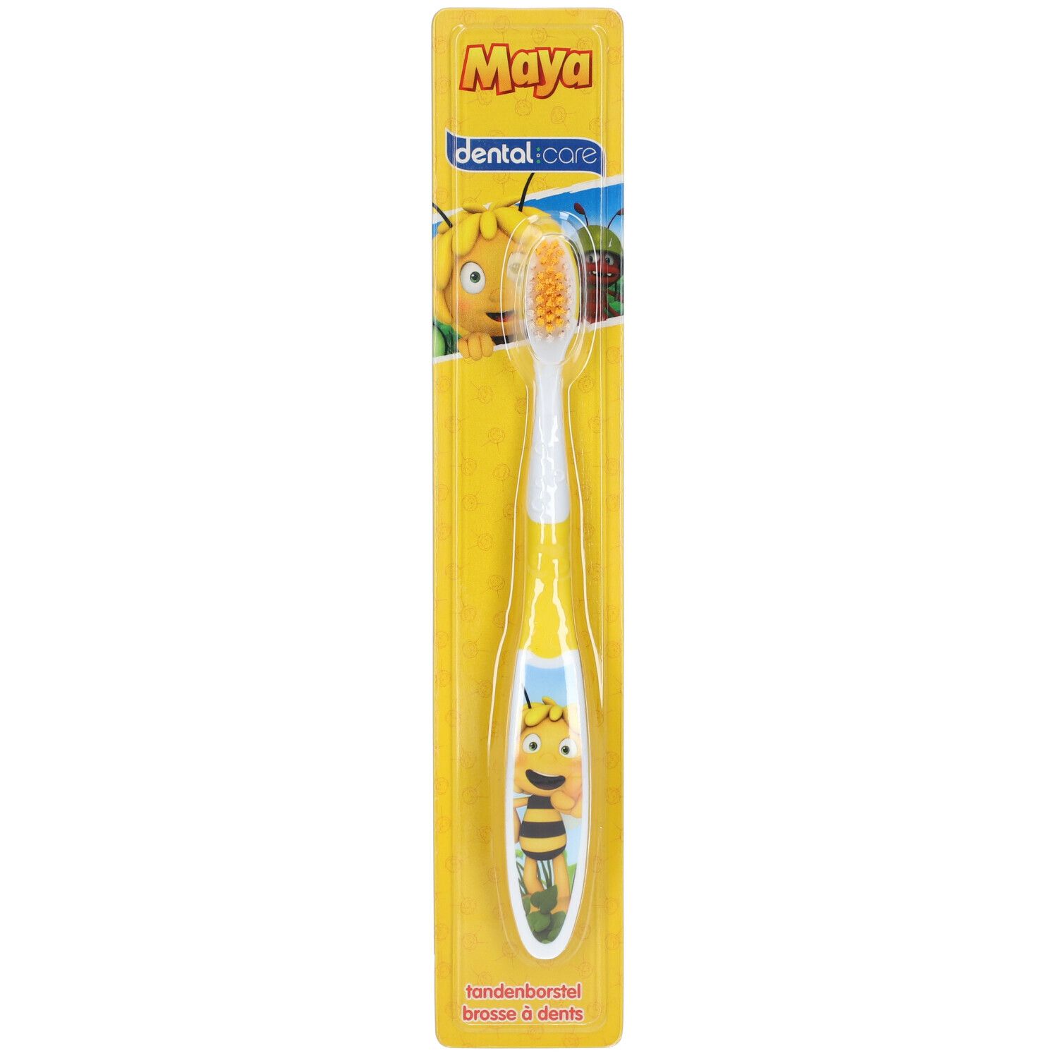 Brosse à dents jaune pour enfants avec motif Maya l'abeille. Manche jaune, tête blanche. Emballage avec logo.