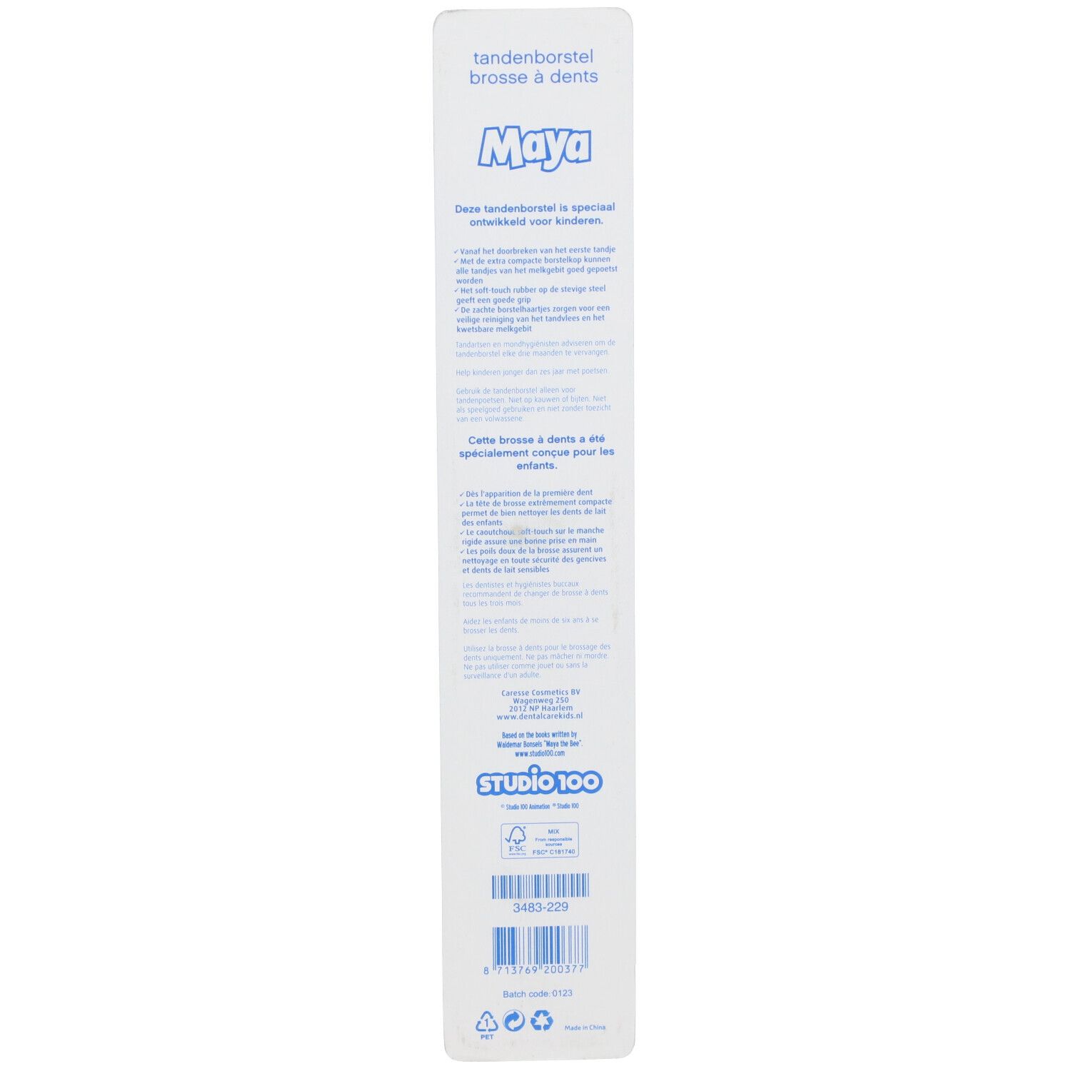 Emballage de la brosse à dents pour enfants avec texte et logo de Maya l'abeille. Fond blanc, texte bleu.