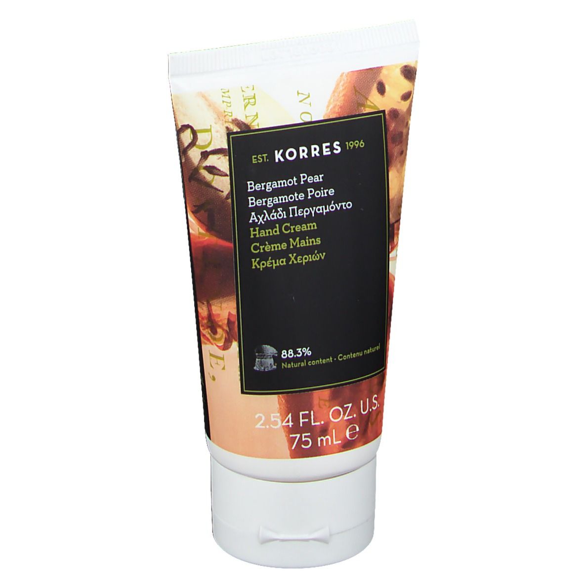 Tubo di crema mani con nome del prodotto e logo. Etichetta nera con testo multilingue. 75 ml.