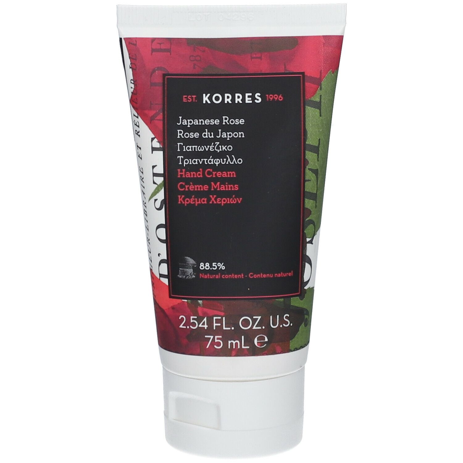 Tube de crème pour les mains Japanese Rose. Étiquette noire avec nom du produit et marque KORRES. 75 ml.