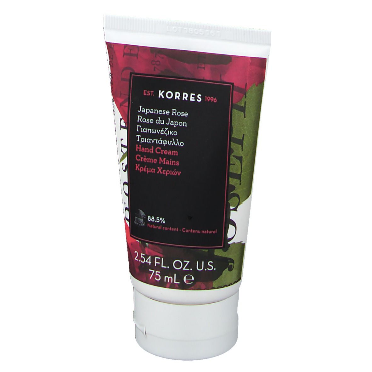 Tube de crème pour les mains Japanese Rose. Étiquette noire avec nom du produit et marque KORRES. 75 ml.
