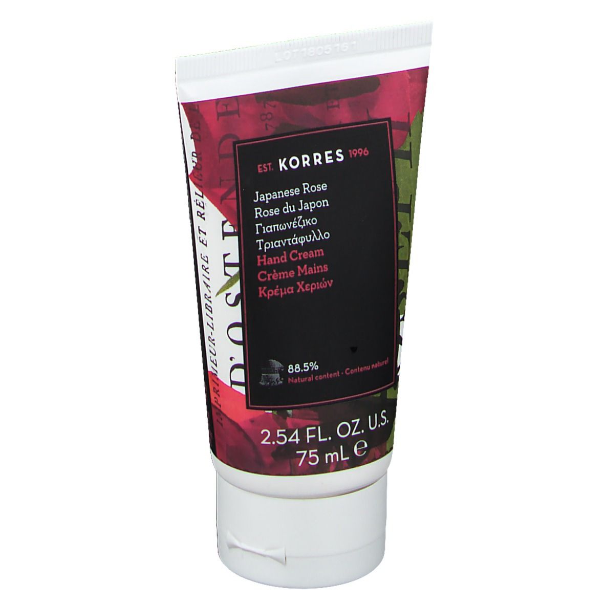 Tube de crème pour les mains Japanese Rose. Étiquette noire avec nom du produit et marque KORRES. 75 ml.