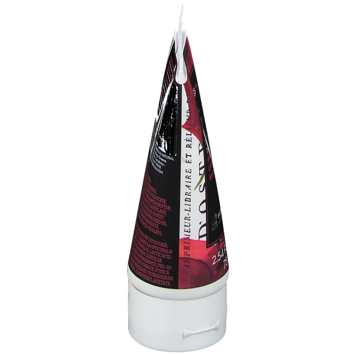 Tube de crème pour les mains, vue de dessous. Bouchon blanc, nom du produit et marque KORRES. 75 ml.