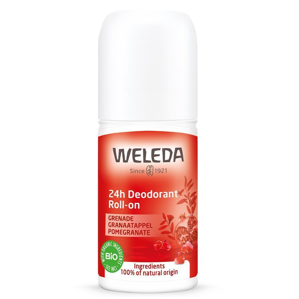 Roll-on déodorant 24h Weleda. Bouchon blanc, étiquette rouge avec texte et illustration de grenade. Label bio.