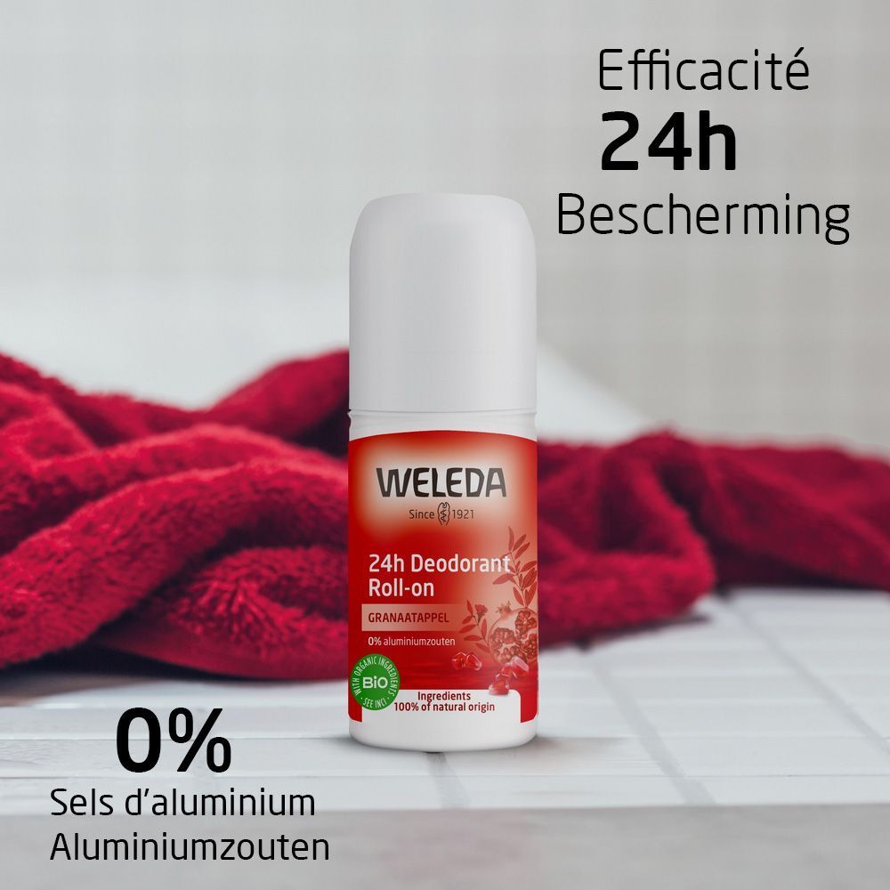 Roll-on déodorant 24h Weleda sur serviette rouge. Texte: 0% sels d'aluminium. Texte: Protection 24h. Label bio.