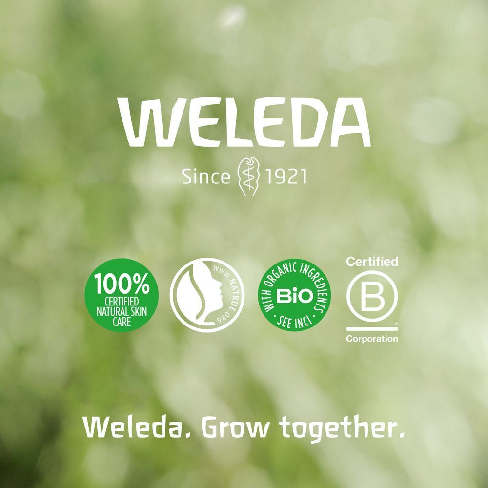 Logo Weleda et labels: 100% cosmétiques naturels certifiés, Natrue, certification bio, B Corp.