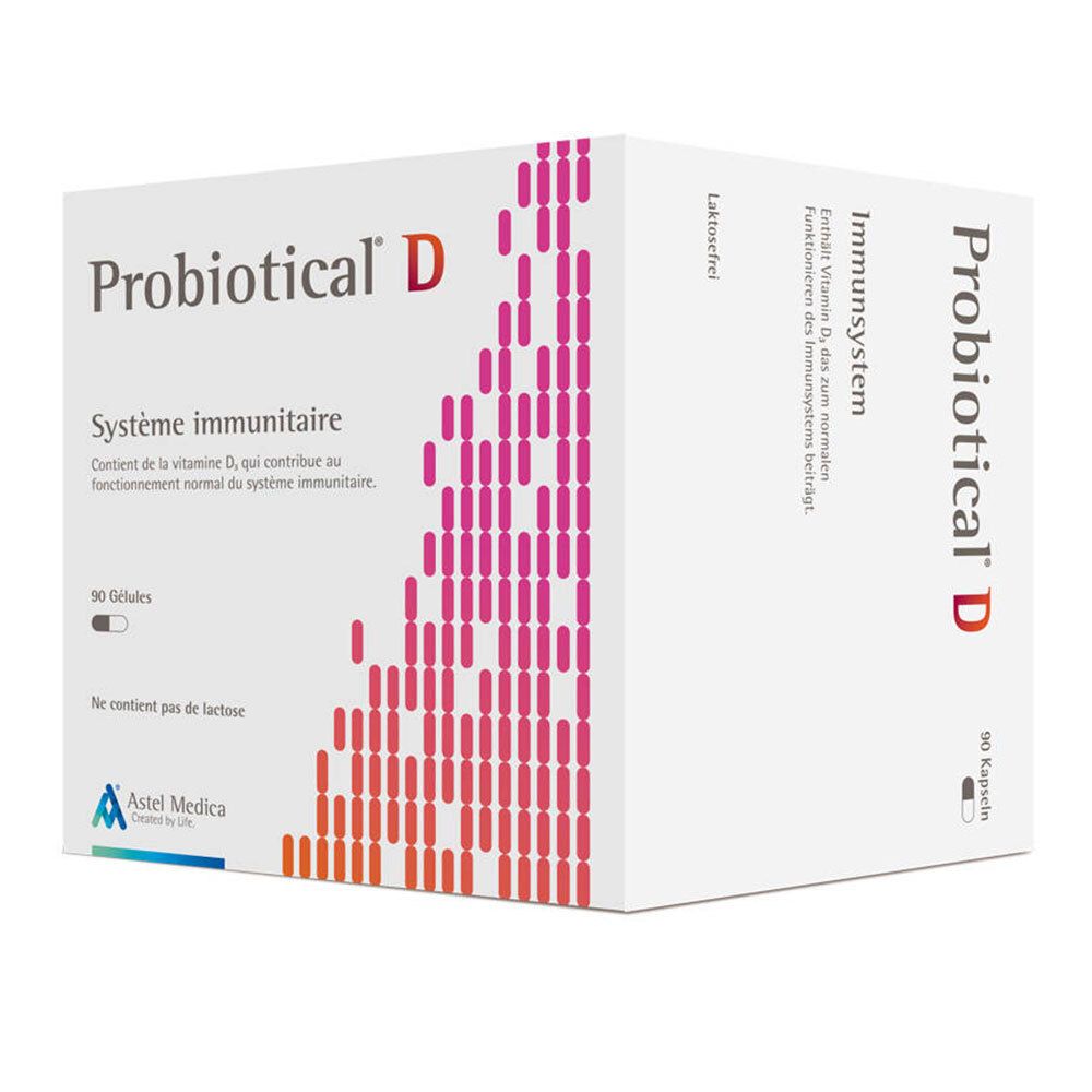 Witte doos "Probiotical D". Bevat 90 capsules. Tekst: Immuunsysteem, lactosevrij. Astel Medica logo.