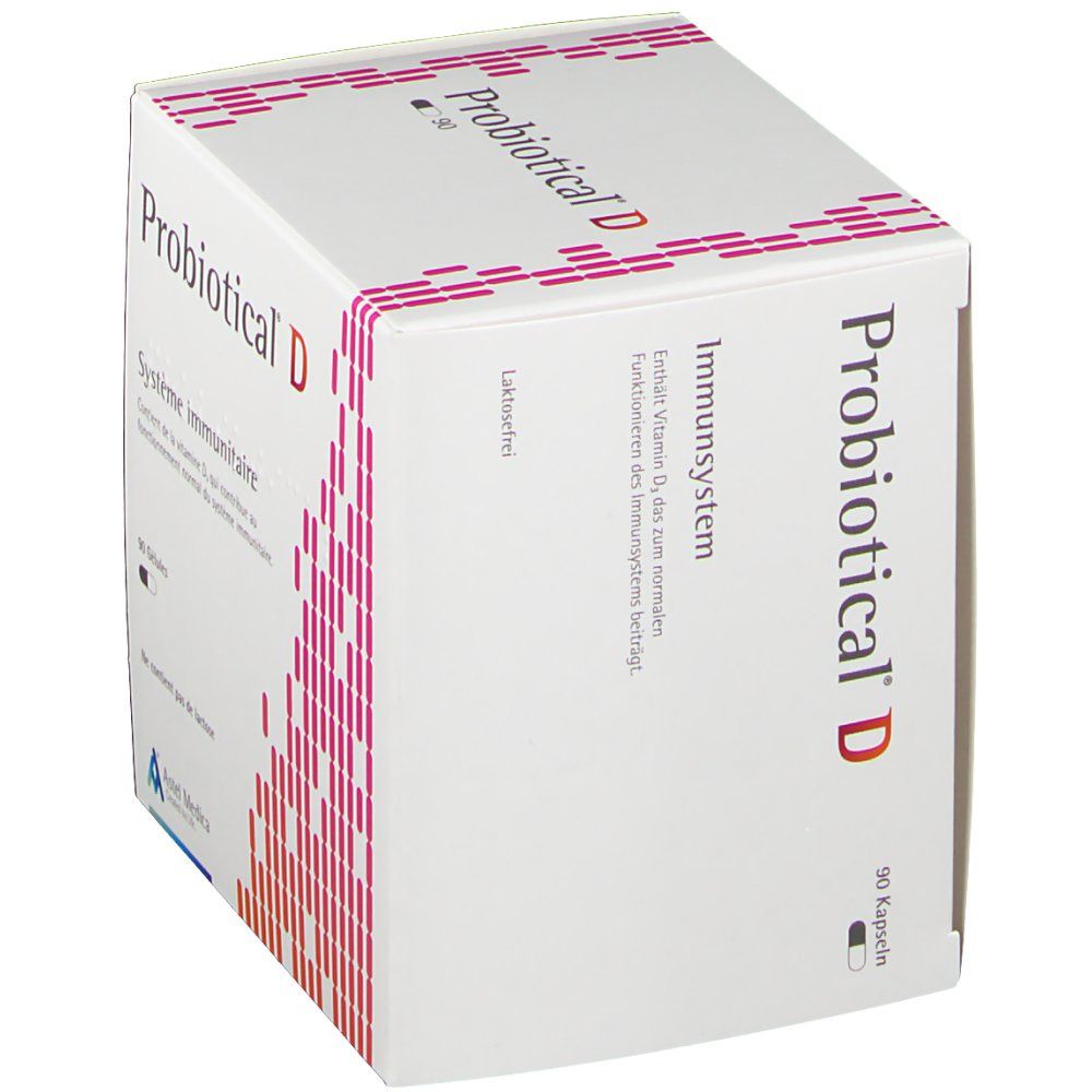 Schuine witte doos "Probiotical D". Tekst: Immuunsysteem, 90 capsules, lactosevrij. Astel Medica logo.