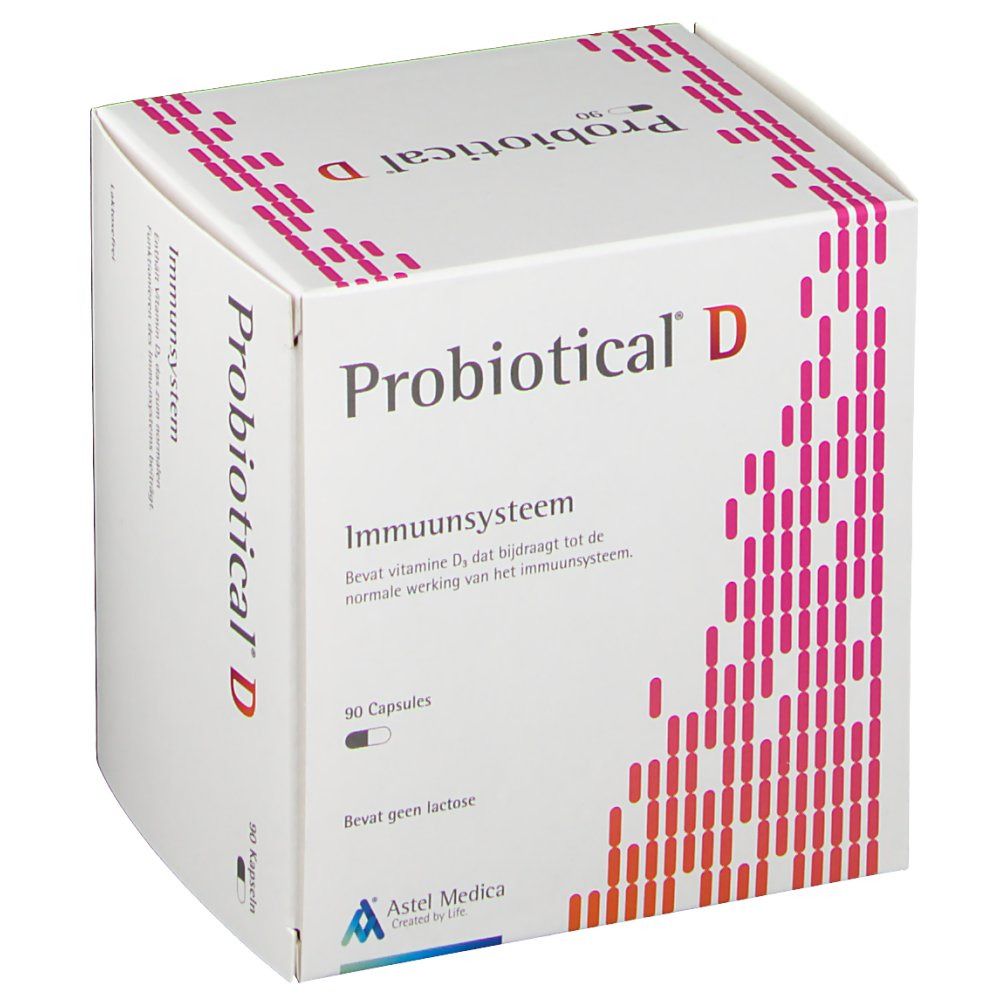 Witte doos "Probiotical D". Tekst: Immuunsysteem, 90 capsules, lactosevrij. Astel Medica logo.
