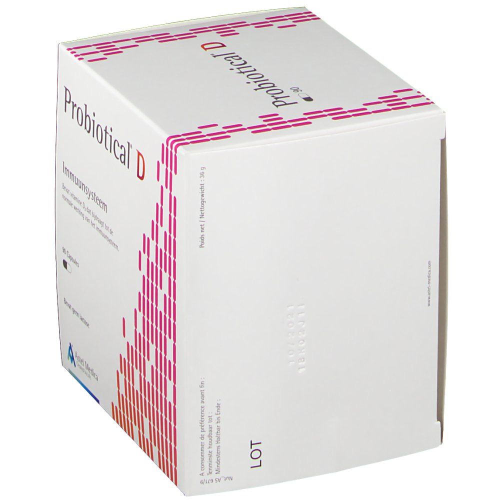Schuine witte doos "Probiotical D". Tekst: Immuunsysteem, 90 capsules, lactosevrij. Astel Medica logo.