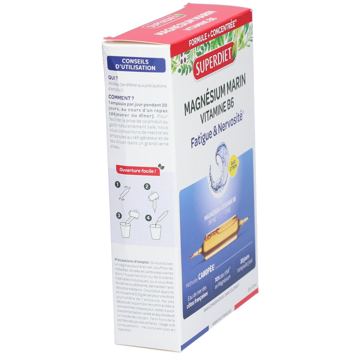 Seitenansicht der Produktverpackung. Aufdruck: SUPERDIET, Magnesium Marin Vitamin B6. Enthält Ampullen.