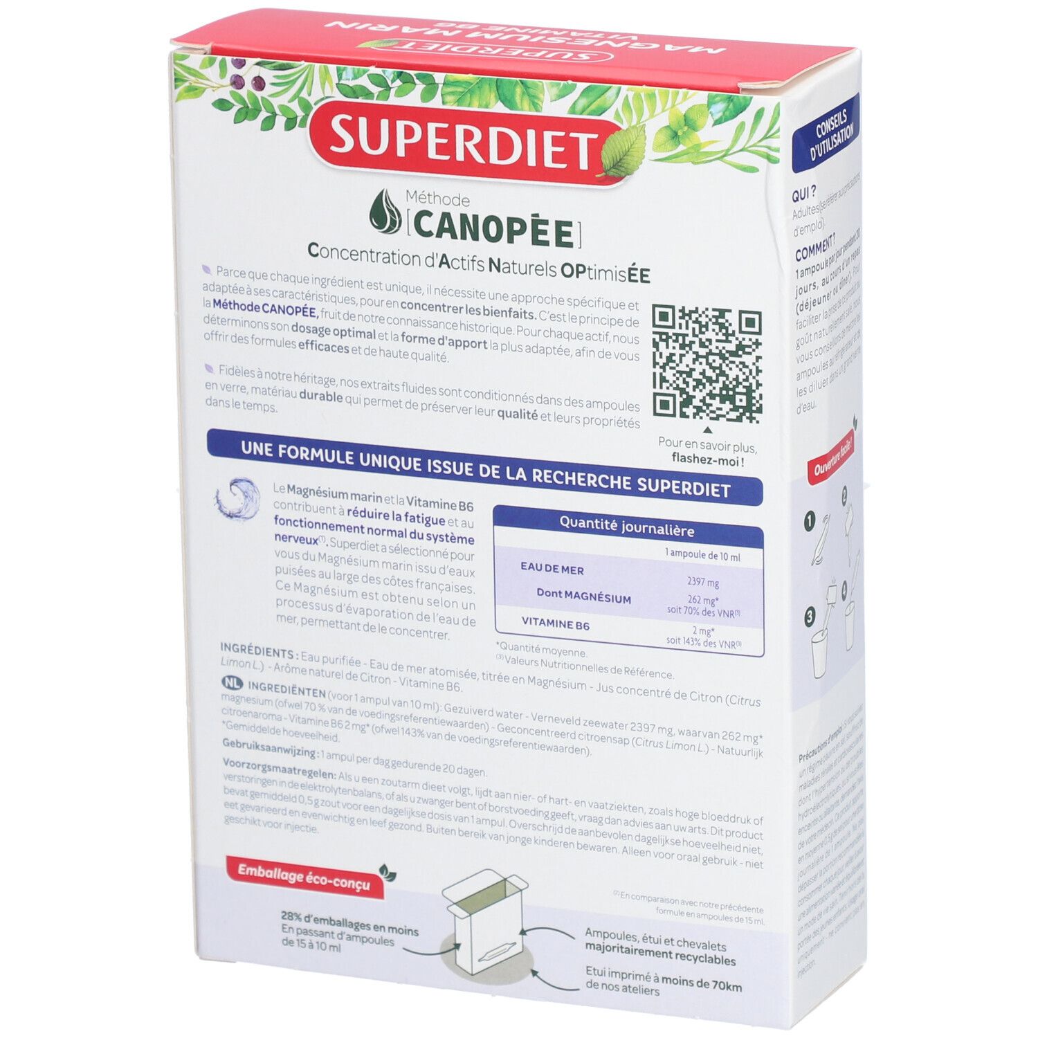 Rückseite der Produktverpackung. Aufdruck: SUPERDIET, Inhaltsstoffe, QR-Code. Enthält Ampullen.