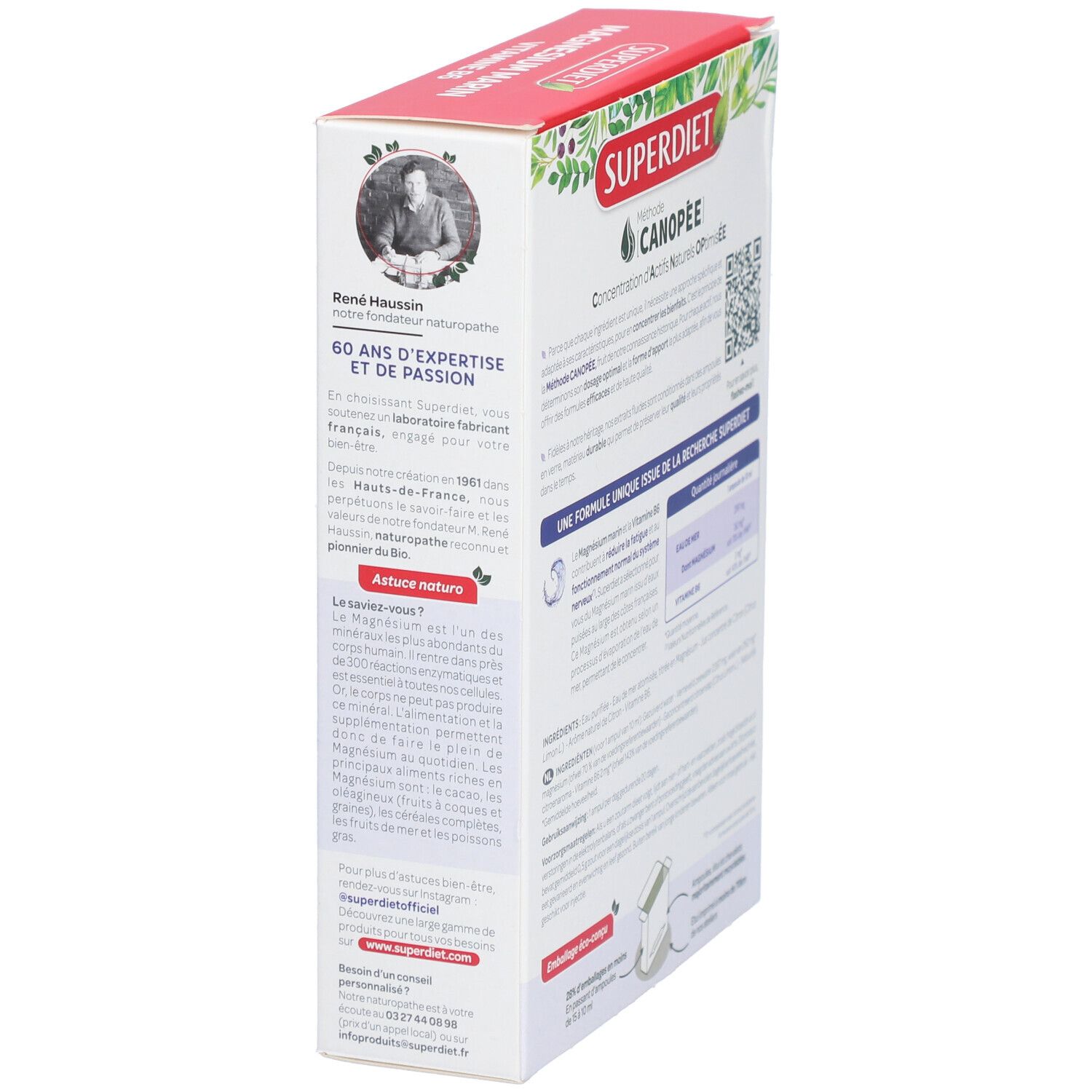 Seitenansicht der Produktverpackung. Aufdruck: SUPERDIET, René Haussin. Enthält Ampullen.