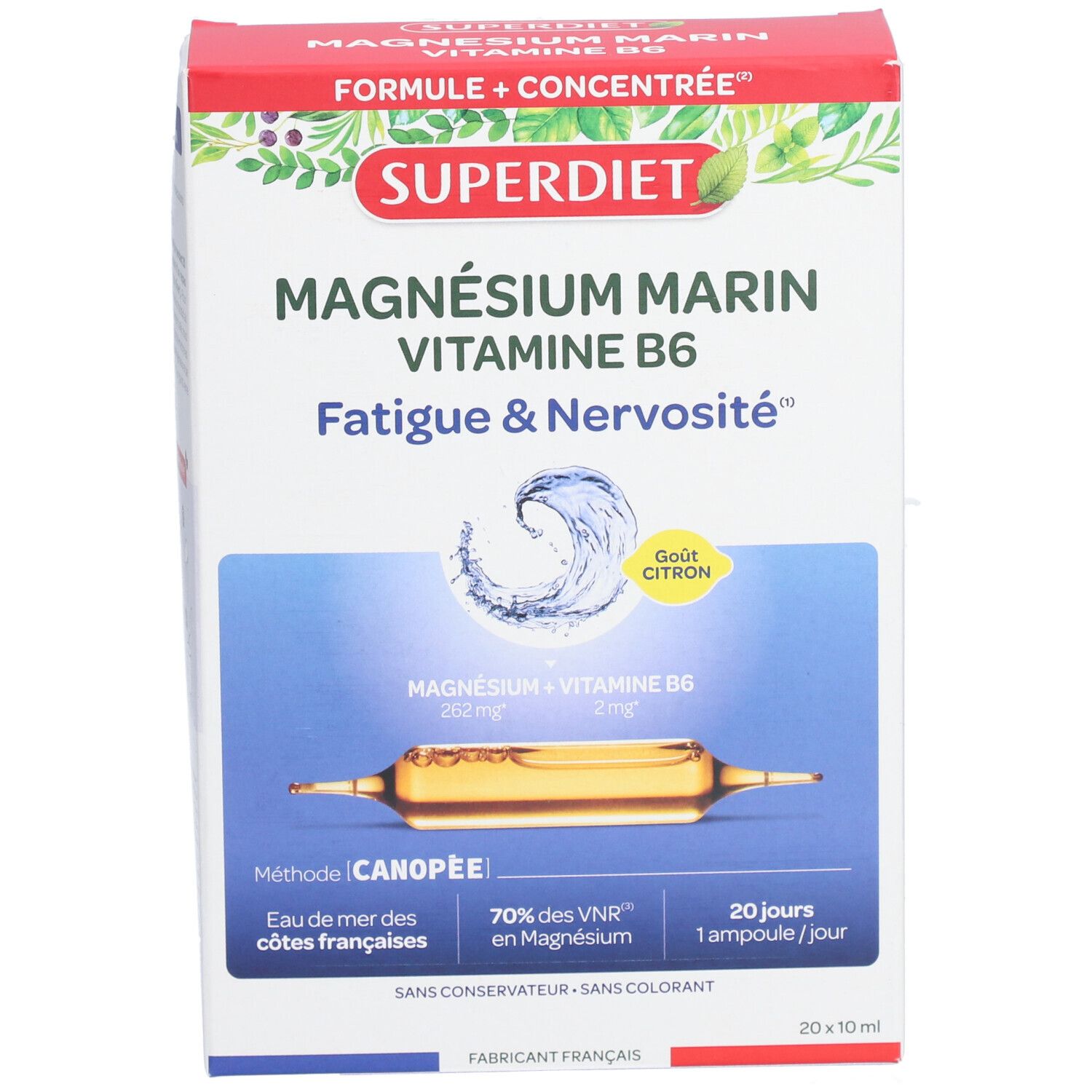 Produktverpackung mit SUPERDIET Magnesium Marin Vitamin B6. Enthält Ampullen. Aufdruck: 20 x 10 ml.