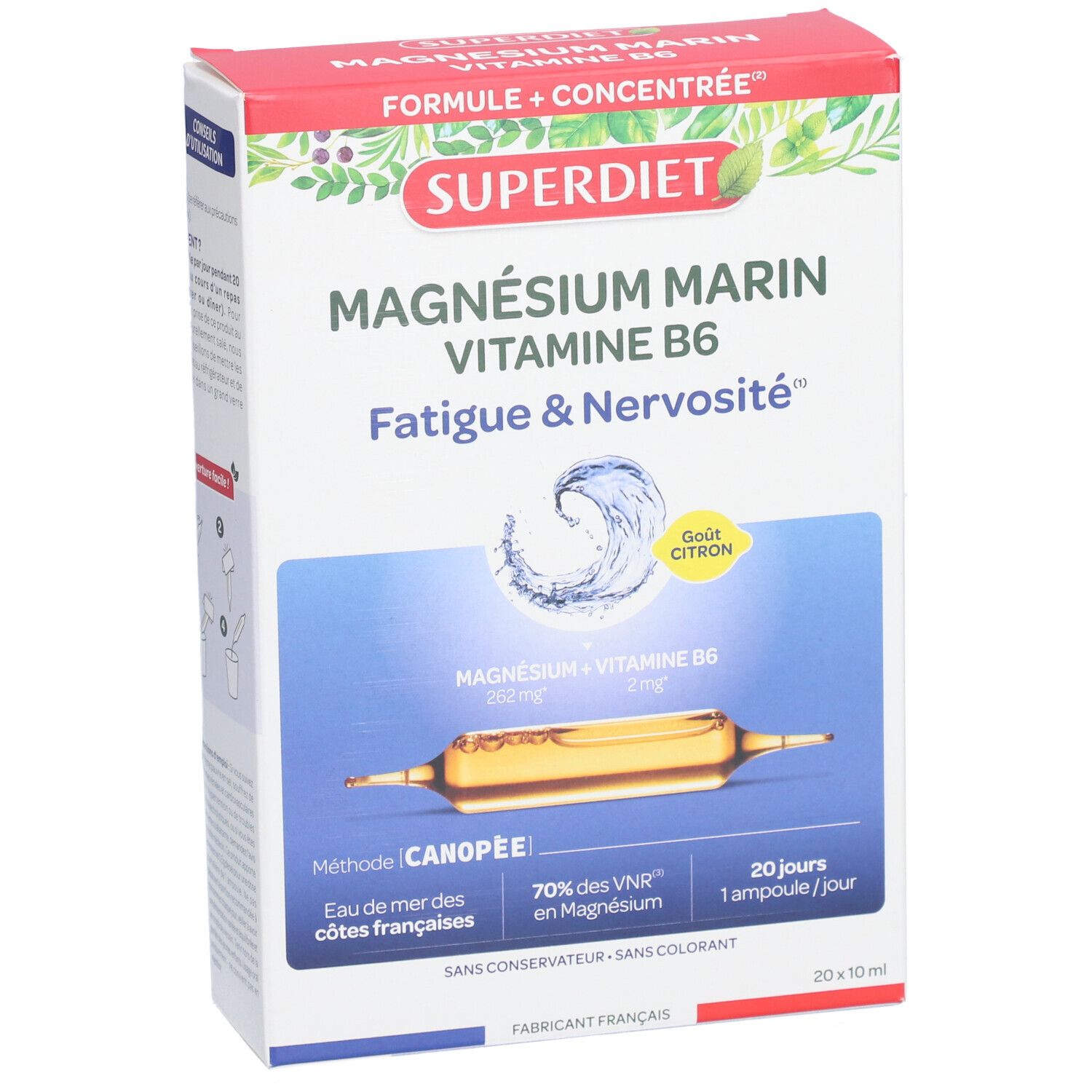 Produktverpackung mit SUPERDIET Magnesium Marin Vitamin B6. Enthält Ampullen. Aufdruck: 20 x 10 ml.