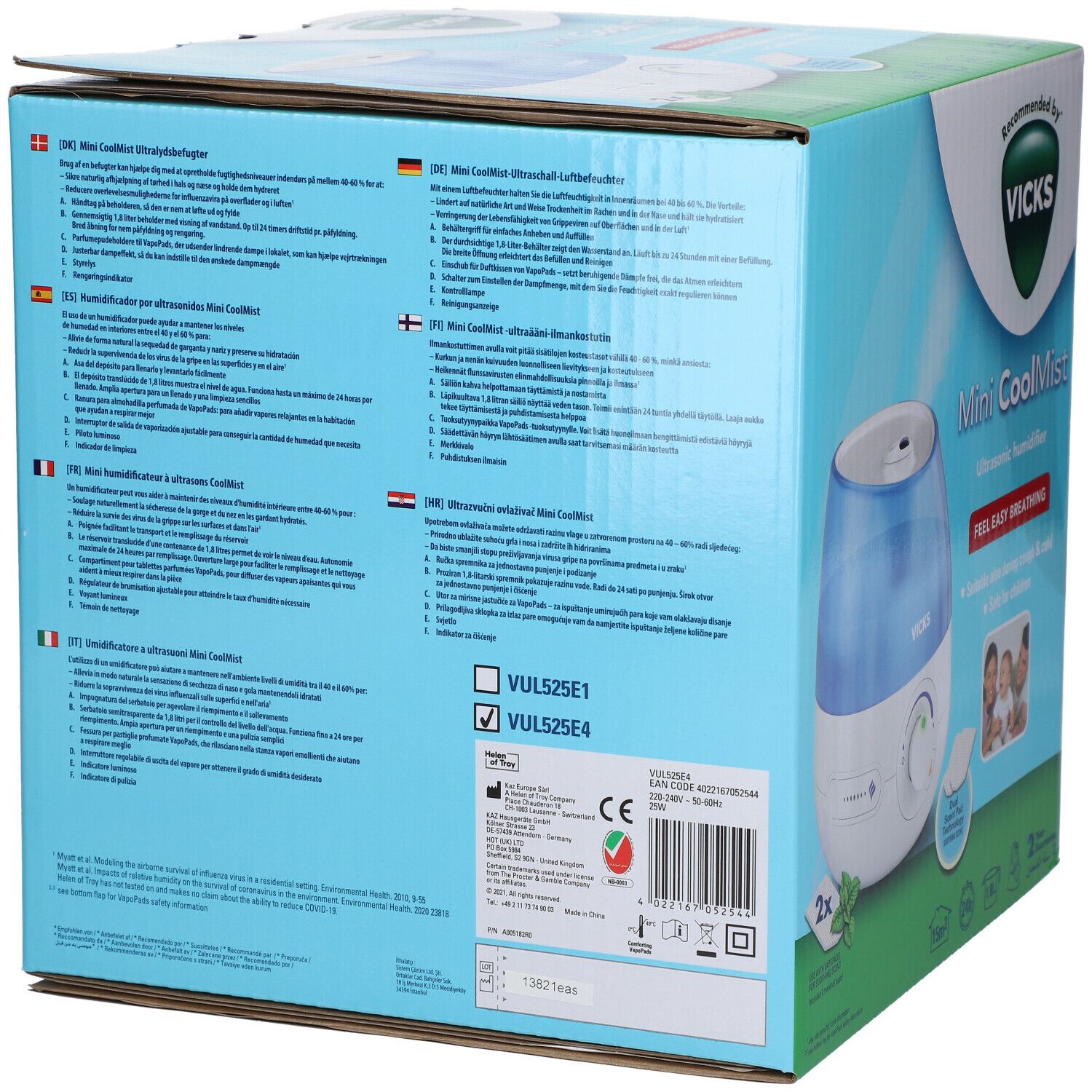 Dos de l'emballage Vicks Mini CoolMist. Texte multilingue. Image du produit. Logo Vicks. VUL525E1 et VUL525E4.