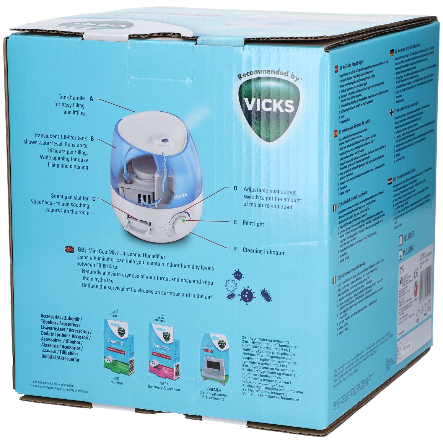 Emballage Vicks Mini CoolMist. Diagrammes et texte. Poignée de réservoir, réservoir transparent 1,8L, sortie de brume réglable, voyant.