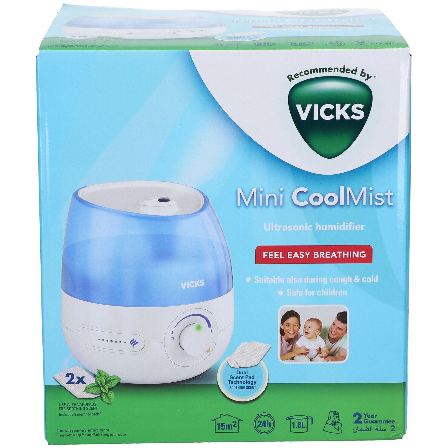 Humidificateur Vicks Mini CoolMist. Boîte en carton avec image du produit et texte. Recommandé par Vicks. Design bleu et blanc.