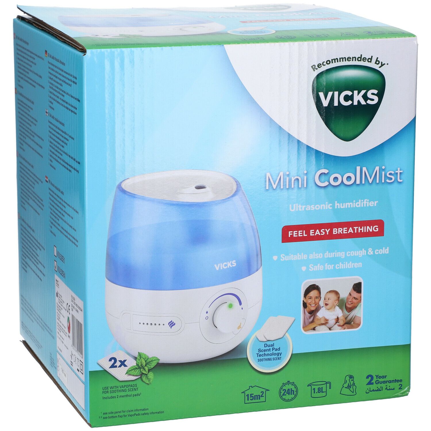Humidificateur Vicks Mini CoolMist. Boîte en carton avec image du produit et texte. Recommandé par Vicks. Design bleu et blanc.