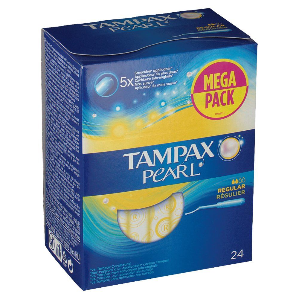 Verpackung von TAMPAX PEARL Regular. Blaue Schachtel mit Produktnamen und "MEGA PACK" Aufkleber. Enthält 24 Stück.