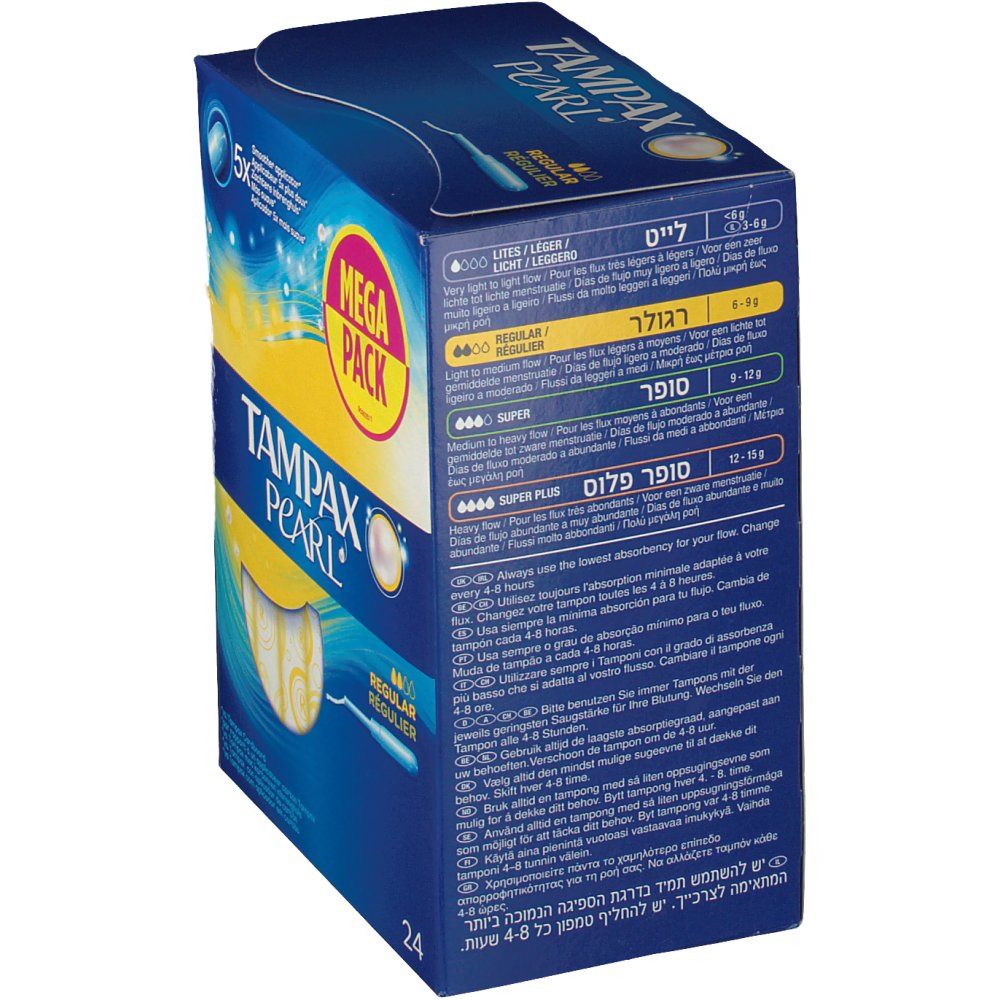 Rückseite der TAMPAX PEARL Regular Verpackung. Informationen zu Saugstärken und Produktmerkmalen. Enthält 24 Stück.