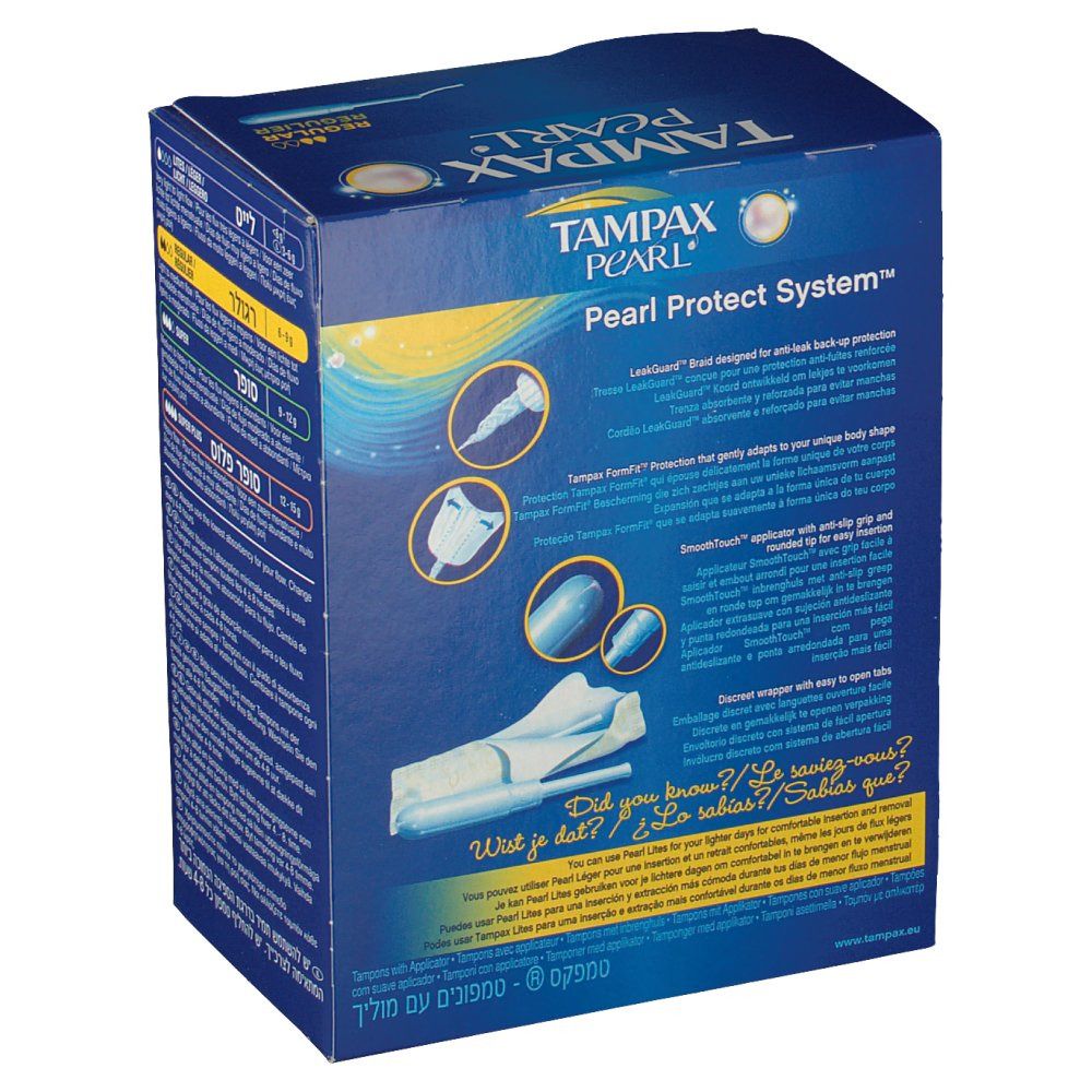 Seite der TAMPAX PEARL Regular Verpackung. Grafische Darstellung der Produktmerkmale. Enthält 24 Stück.