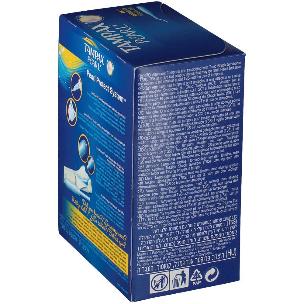 Seite der TAMPAX PEARL Regular Verpackung. Informationen zu Warnhinweisen und Recycling. Enthält 24 Stück.