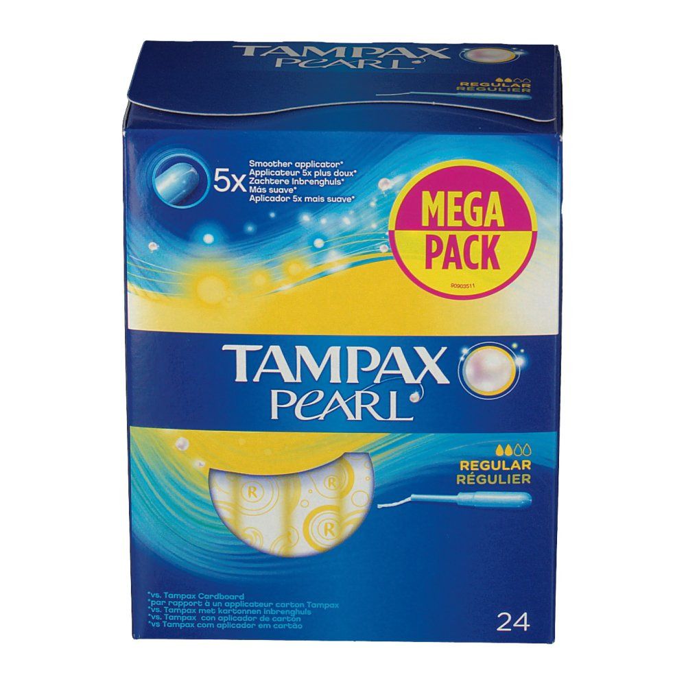 Vorderseite der TAMPAX PEARL Regular Verpackung. Produktname, "MEGA PACK" Aufkleber und 24 Stück.